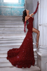 Vestido de noche largo sexy de sirena con lentejuelas, escote en V, sin mangas y abertura con purpurina roja